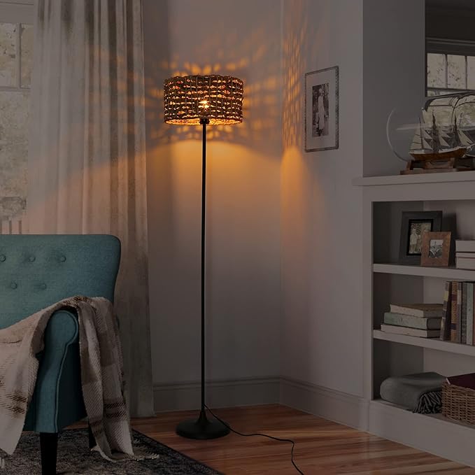 Unique Farmhouse Floor Lamp for Living room, Bedroom and Office, Original Handmade Water Lettuce Rattan Shade Tall Standing Light Black , Modern Vintage Rustic Rural Décor(No Bulbs) - LeafyLoom