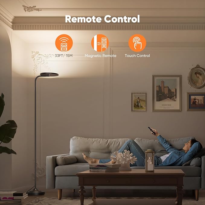 36W LED Floor Lamp, Super Bright Standing Lamp, Modern Stepless Dimmable Torchiere Tall Lamp with Remote Control, 350°Rotating Head Reading Floor Lamp for Living Room, Bedroom, Office - LeafyLoom