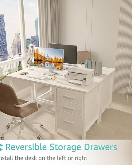 Lufeiya White Computer Desk with File Drawers Cabinet, 47 Inch Home Office Desks with Fabric Filing Cabinet for Small Space, Modern Writing Table PC Desks, White - LeafyLoom