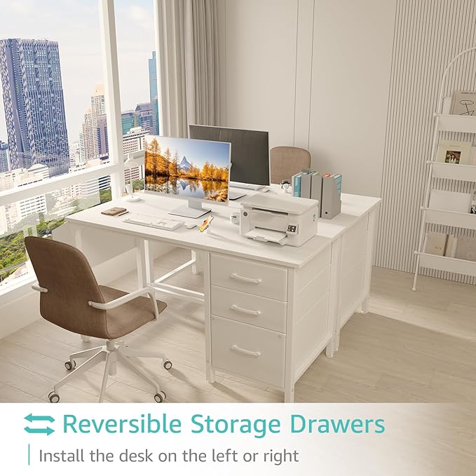 Lufeiya White Computer Desk with File Drawers Cabinet, 47 Inch Home Office Desks with Fabric Filing Cabinet for Small Space, Modern Writing Table PC Desks, White - LeafyLoom