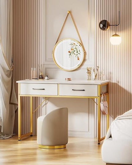 ODK Vanity Desk without Mirror, Makeup Vanity with 2 Fabirc Drawers, White Vanity Dressing Vanity Table with Versatile Hook, 40 Inch Girl Vanity for Bedroom, Desk Make Up for Girls, White and Gold - LeafyLoom