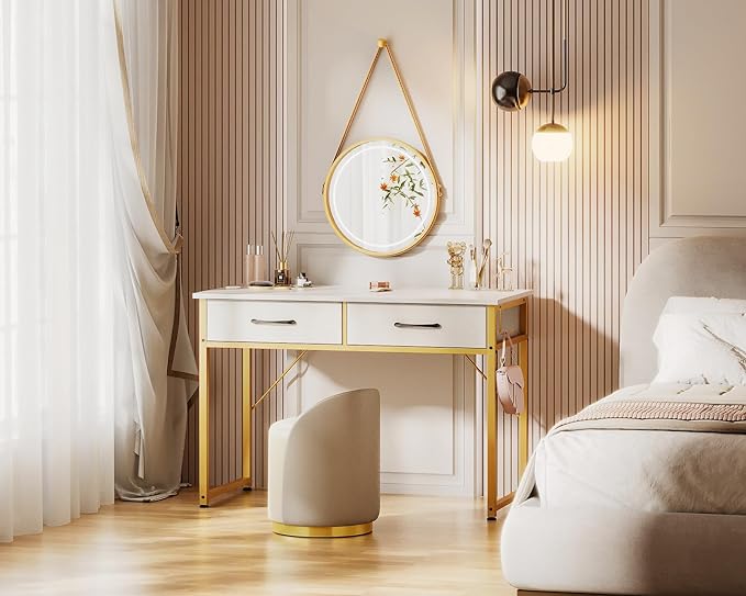 ODK Vanity Desk without Mirror, Makeup Vanity with 2 Fabirc Drawers, White Vanity Dressing Vanity Table with Versatile Hook, 40 Inch Girl Vanity for Bedroom, Desk Make Up for Girls, White and Gold - LeafyLoom