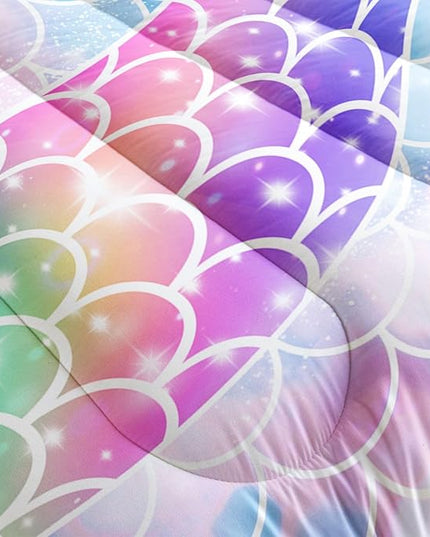 Datura home Bedding Comforter Set Rainbow Purple Mermaid Tail Printed Comforter Set with 1 Comforter and 2 Pillowcases for Girls Bedroom All Season(Rainbow Purple Full) - LeafyLoom