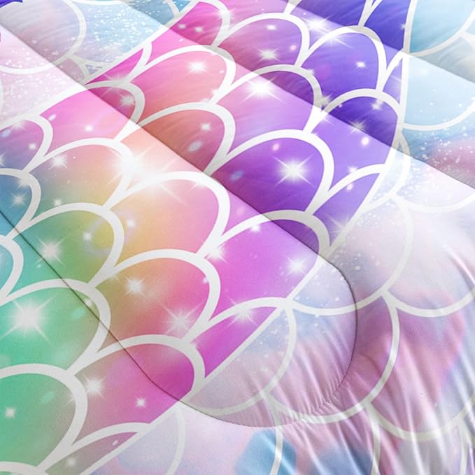 Datura home Bedding Comforter Set Rainbow Purple Mermaid Tail Printed Comforter Set with 1 Comforter and 2 Pillowcases for Girls Bedroom All Season(Rainbow Purple Queen) - LeafyLoom