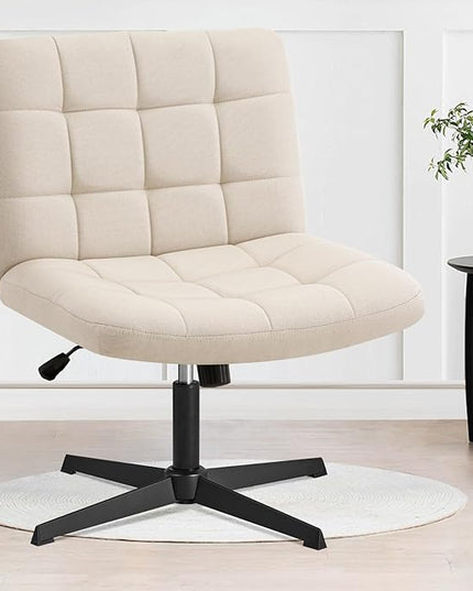 Furniliving Linen Office Desk Chair No Wheels, Armless Swivel Home Office Chair Height Adjustable Wide Office Chair for Bedroom, Modern Mid Back Accent Chair Computer Task Chair, Beige - LeafyLoom
