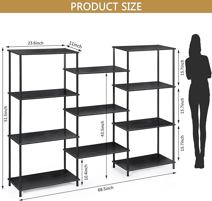 melos 4 Tier Bookshelf, Industrial Bookcase, Large Etagere Bookshelf Open Display Shelves with Metal Frame and 2 Anti-Tipping Strap, Black - LeafyLoom