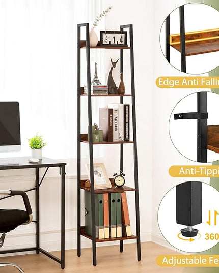 Yoobure Ladder Shelf, 5 Tier Tall Ladder Bookshelf Corner Shelf, Industrial Book Shelf Ladder Bookcase Narrow, Standing Storage Shelves Display Shelf for Bedroom Living Room Office Kitchen Bathroom - LeafyLoom