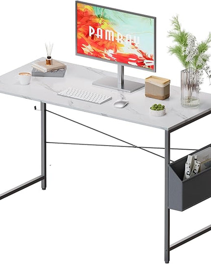 Pamray 47 Inch Computer Desk Small Spaces Desk with Storage Bag for Bedroom Writing and Home Office Work Small Study Desk Table White Marble - LeafyLoom