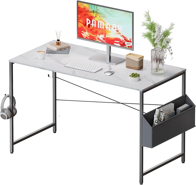 Pamray 47 Inch Computer Desk Small Spaces Desk with Storage Bag for Bedroom Writing and Home Office Work Small Study Desk Table White Marble - LeafyLoom