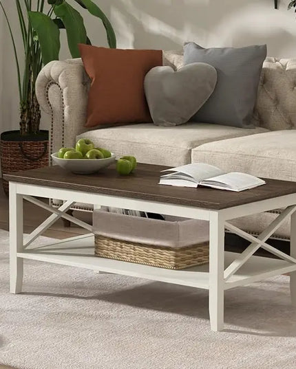 ChooChoo Oxford Coffee Table, Wooden Coffee Table with Thicker Legs, White Coffee Table with Storage for Living Room - LeafyLoom