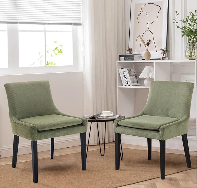 COLAMY Modern Dining Chairs Set of 6, Upholstered Corduroy Accent Side Chairs with Mid Back and Wood Legs for Living Room/Dining Room- Light Green - LeafyLoom