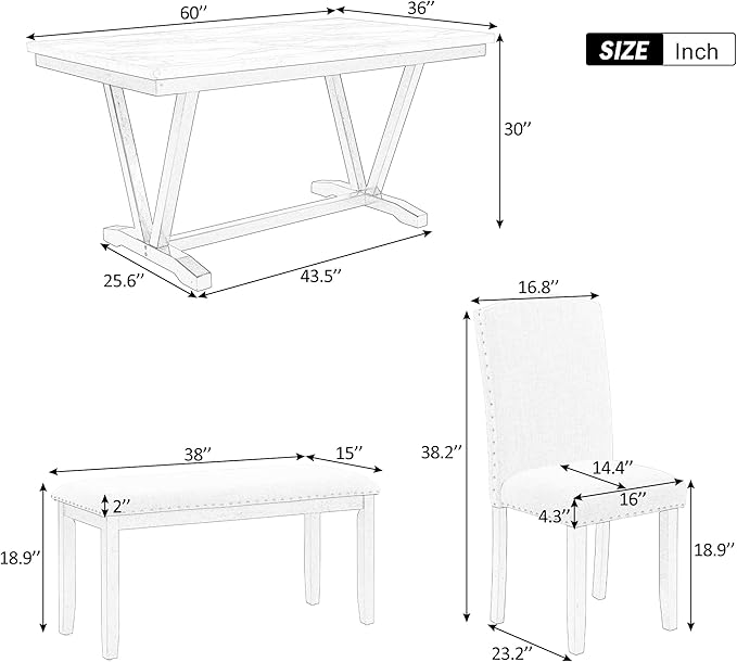 Merax Modern Style 6-Person Dining Table Set with 4 Chairs & a Bench, Marbled Veneers Tabletop and V-Shaped Legs, White(6pcs) - LeafyLoom