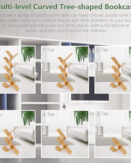 8-Tier Floor Bamboo Tree Bookshelf, Modern Standing Bookcase Office Book Storage Creative Curved Rack Organizer Shelves, Book Shelf Space Saver for Home Living Room Corner Bedroom - LeafyLoom
