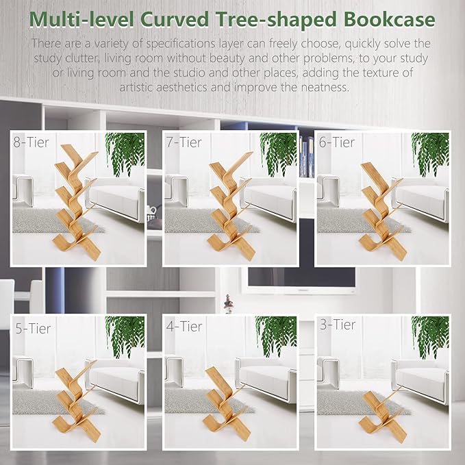 8-Tier Floor Bamboo Tree Bookshelf, Modern Standing Bookcase Office Book Storage Creative Curved Rack Organizer Shelves, Book Shelf Space Saver for Home Living Room Corner Bedroom - LeafyLoom