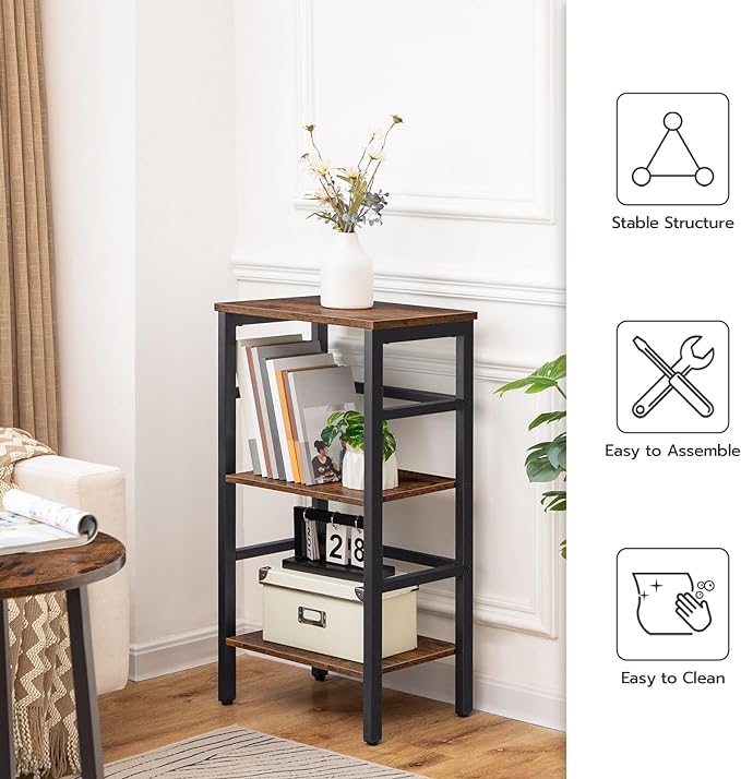 HOOBRO 3 Tier Bookshelf, Narrow Bookshelf, Record Storage Rack with Side Fence, Wooden Free-Standing Shelf Units, Narrow Display Shelf for Living Room, Bedroom, Classroom, Rustic Brown BF80CJ01 - LeafyLoom