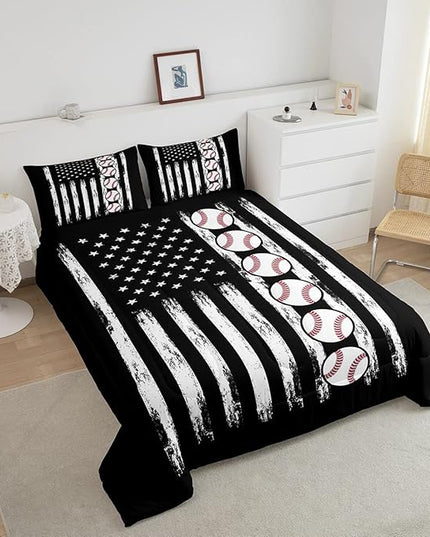 Baseball Comforter American Flag Comforter Set Kids Boys Baseball Sports Games Bedding Set Children Girls Teens Black and White Ball Microfiber Quilt Set Room Decor for All Season Full Size - LeafyLoom