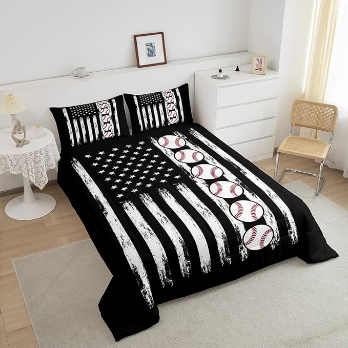 Feelyou Baseball Comforter American Flag Comforter Set Kids Boys Baseball Sports Games Bedding Set Children Girls Teens Black and White Ball Microfiber Quilt Set Room Decor for All Season Queen Size - LeafyLoom