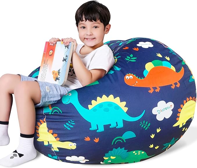 Lukeight Stuffed Animal Storage Bean Bag Chair Cover for Kids, Dinosaur Zipper Beanbag Chair Cover for Organizing Toddler & Kids' Rooms Plush Toys (Dinosaur Navy, X-Large) - LeafyLoom