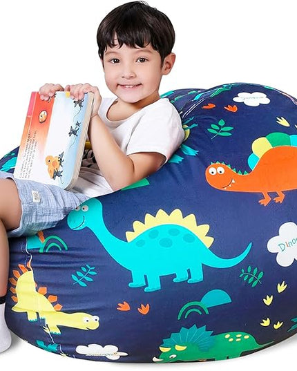 Lukeight Stuffed Animal Storage Bean Bag Chair Cover for Kids, Dinosaur Zipper Beanbag Chair Cover for Organizing Toddler & Kids' Rooms Plush Toys (Dinosaur Navy, Large) - LeafyLoom