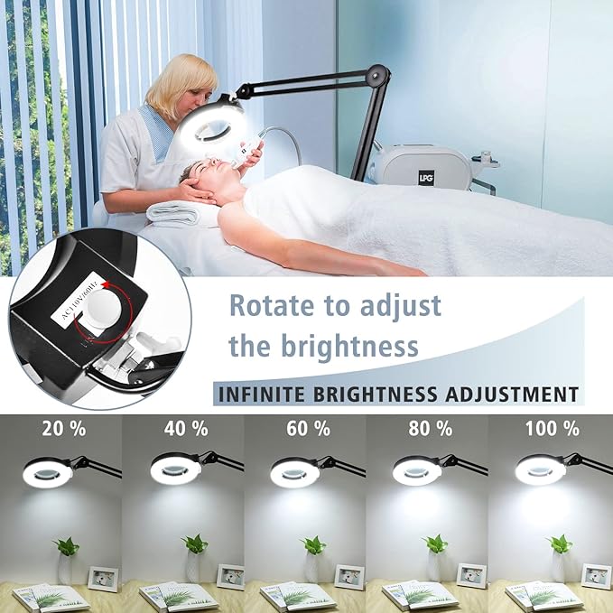 8X Magnifying Glass with Light and Stand, LANCOSC Floor Lamp with 5-Wheel Rolling Base for Facials Lash Estheticians, 1,500 Lumens Dimmable LED Lighted Magnifier for Reading Sewing Crafts - Black - LeafyLoom