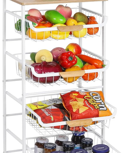 Kitchen Storage Rolling Cart on Wheels, 5 Tier Metal Rolling Utility Cart Mesh Basket Pantry Cart Rack with Wooden Tabletop for Fruit Vegetable Onion Potato Storage, White - LeafyLoom