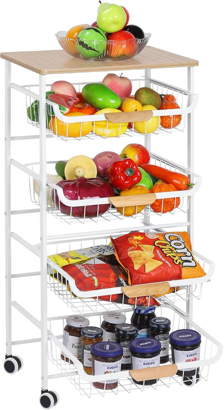 Kitchen Storage Rolling Cart on Wheels, 5 Tier Metal Rolling Utility Cart Mesh Basket Pantry Cart Rack with Wooden Tabletop for Fruit Vegetable Onion Potato Storage, White - LeafyLoom
