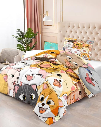 Dog Twin Comforter Set for Boys Bedroom - Dogs Cats Animal Theme Bedding Set for Living Playing Room Ultra Soft Puppy Dogs Kitten Quilt with 1 Pillowcase Kids Room Decor 2Pcs, Twin Size - LeafyLoom