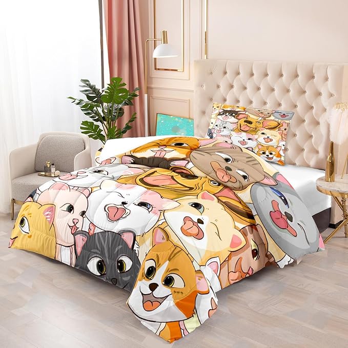 Dog Twin Comforter Set for Boys Bedroom - Dogs Cats Animal Theme Bedding Set for Living Playing Room Ultra Soft Puppy Dogs Kitten Quilt with 1 Pillowcase Kids Room Decor 2Pcs, Twin Size - LeafyLoom