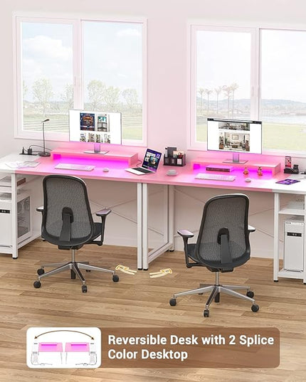 armocity Computer Desk with LED, Gaming Desk with Outlets, 40 Reversible Laptop Table with Monitor Stand, Small Desk for Small Spaces, Pink - LeafyLoom