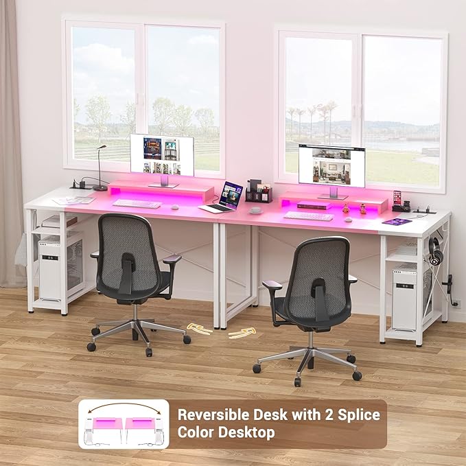 armocity Computer Desk with LED, Gaming Desk with Outlets, 40 Reversible Laptop Table with Monitor Stand, Small Desk for Small Spaces, Pink - LeafyLoom