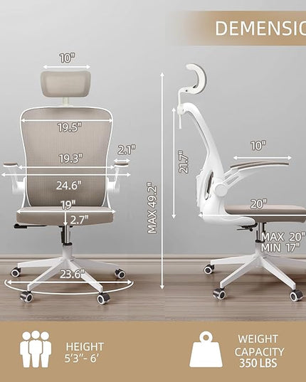 Ergonomic Office Chair, High Back Mesh Computer Desk Chair with Flip-up Arms, Adjustable Lumbar Support & Headrest, Swivel Rolling Task Chair for Home Office, Bedroom, Study, College Dorm khaki - LeafyLoom