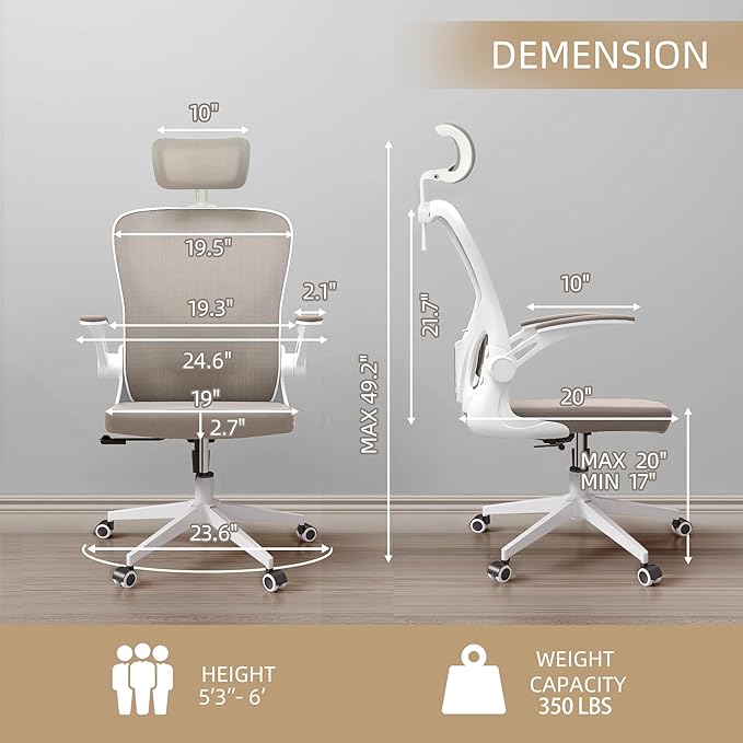 Ergonomic Office Chair, High Back Mesh Computer Desk Chair with Flip-up Arms, Adjustable Lumbar Support & Headrest, Swivel Rolling Task Chair for Home Office, Bedroom, Study, College Dorm khaki - LeafyLoom