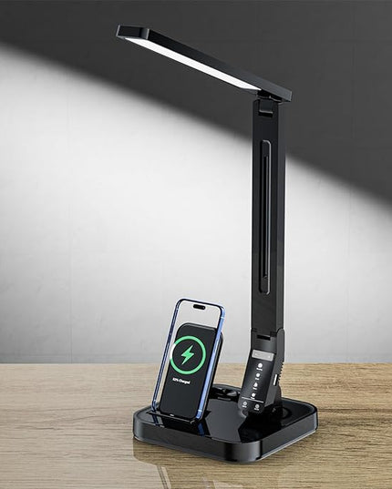Ambertronix LED Desk Lamp, Patented Vertical Wireless Charger, 14W, 530 Lumens, Table Lamp with USB Charging Port, Dimmable Eye-Caring, 5 Brightness & 4 Light Modes, Touch Control, Auto Timer - LeafyLoom