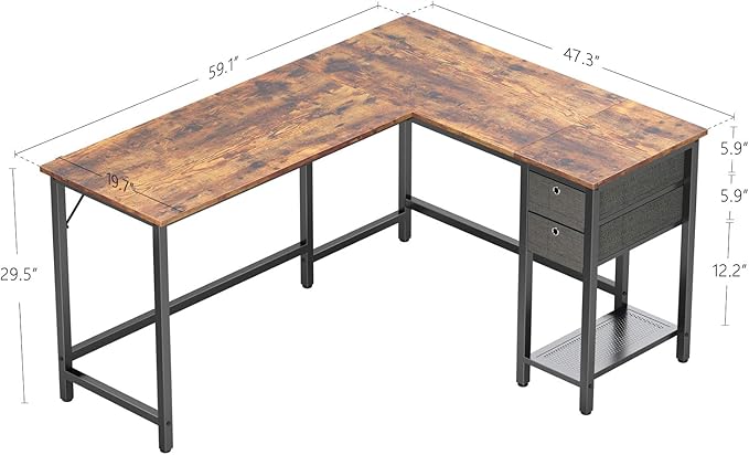 BANTI L-Shaped Computer Desk, Home Office Corner Desk with Non-Woven Drawer, Sturdy Writing Table, Space-Saving,Brown - LeafyLoom