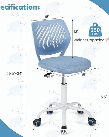 Kids Desk Chair, Blue Ergonomic Kids Office Chair Ages8-12 w/Lumbar Support, Low-Back Teen Desk Chair for Girls Boys, Small Cute Kids Computer Chair for Bedroom/Study/Vanity Desk - LeafyLoom