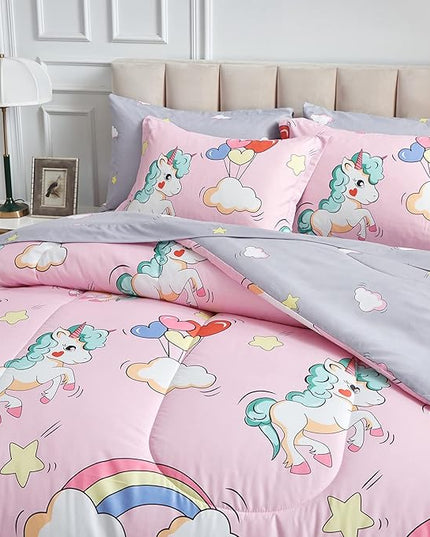 UOZZI BEDDING Kids Girls Bed in a Bag 6 Pieces Twin Size Unicorn Pink Colorful Comforter Set - (1 Soft Microfiber, Reversible Comforter, 2 Pillow Shams, 1 Flat Sheet, 1 Fitted Sheet, 1 Pillowcases) - LeafyLoom