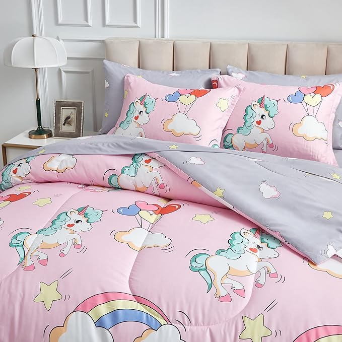 UOZZI BEDDING Kids Girls Bed in a Bag 6 Pieces Twin Size Unicorn Pink Colorful Comforter Set - (1 Soft Microfiber, Reversible Comforter, 2 Pillow Shams, 1 Flat Sheet, 1 Fitted Sheet, 1 Pillowcases) - LeafyLoom