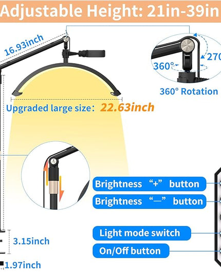 Half Moon Light for Lashes, 22'' Lash Light for Eyelash Tech, Led Half Moon Lash Light Lamp for Eyelash Extensions, Tattoo Artists, Nail Tech, Filming Content Creation - LeafyLoom