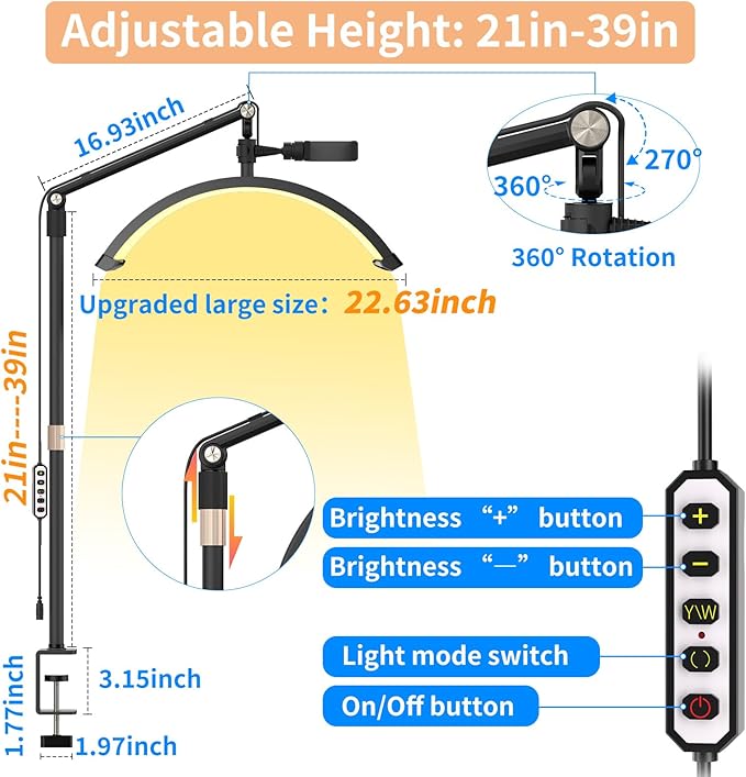 Half Moon Light for Lashes, 22'' Lash Light for Eyelash Tech, Led Half Moon Lash Light Lamp for Eyelash Extensions, Tattoo Artists, Nail Tech, Filming Content Creation - LeafyLoom