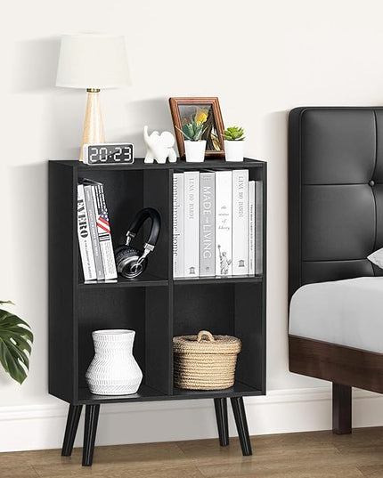YAHARBO 4 Cube Black Bookshelf, Small Black Narrow Book shelf, 3 Tier Modern Bookcase with Legs,Bookshelves Wood Storage Shelf, Rustic Book Shelves Cube Organizer, Display Bookcase - LeafyLoom