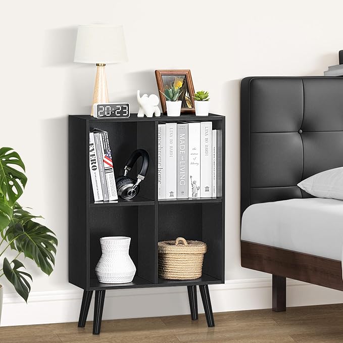 YAHARBO 4 Cube Black Bookshelf, Small Black Narrow Book shelf, 3 Tier Modern Bookcase with Legs,Bookshelves Wood Storage Shelf, Rustic Book Shelves Cube Organizer, Display Bookcase - LeafyLoom