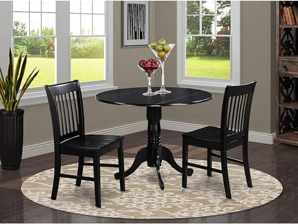 East West Furniture Dublin 3 Piece Kitchen Set for Small Spaces Contains a Round Dining Room Table with Dropleaf and 2 Solid Wood Seat Chairs, 42x42 Inch, DLNO3-BLK-W - LeafyLoom