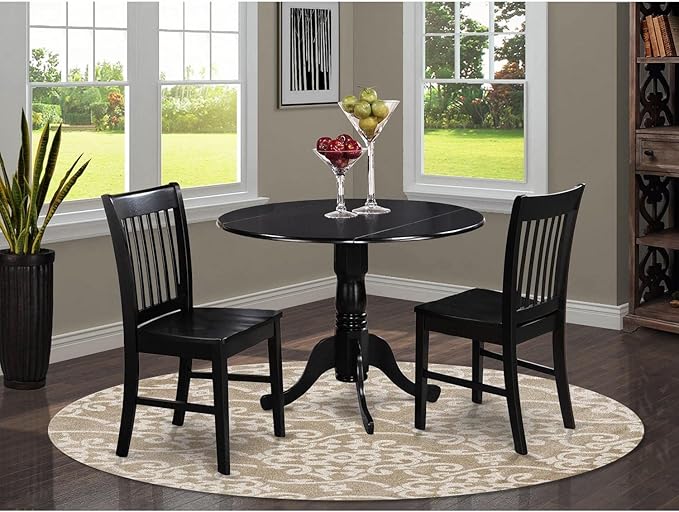 East West Furniture Dublin 3 Piece Kitchen Set for Small Spaces Contains a Round Dining Room Table with Dropleaf and 2 Solid Wood Seat Chairs, 42x42 Inch, DLNO3-BLK-W - LeafyLoom