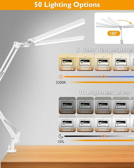 LED Desk Lamp with Clamp, Super Bright Double Head Desk Lamps for Home Office, 5 Color Modes, 10%~100% Dimmable Brightness, Architect Task Desk Light, Modern Swing Arm Workbench Desk Lighting - LeafyLoom