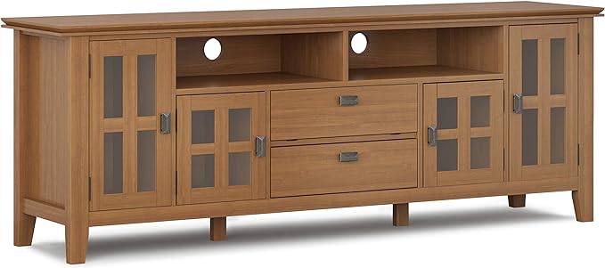 SIMPLIHOME Artisan SOLID WOOD Universal TV Media Stand, 72 inch Wide, Transitional, Living Room Entertainment Center, Storage Cabinet, for Flat Screen TVs up to 80 inches in Honey Brown - LeafyLoom