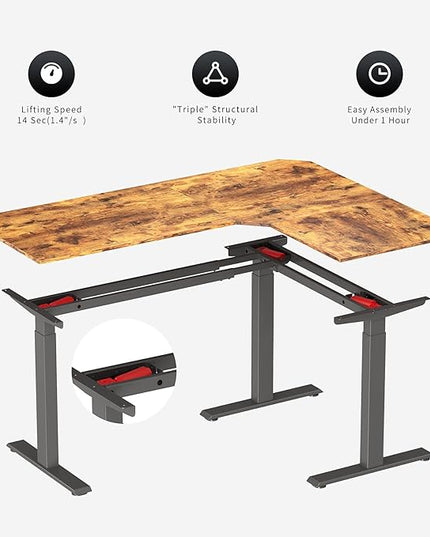 FEZIBO Triple Motor 63" L Shaped Standing Desk, Electric Standing Gaming Desk Adjustable Height, Corner Stand up Desk with Splice Board, Black Frame/Rustic Brown Top - LeafyLoom
