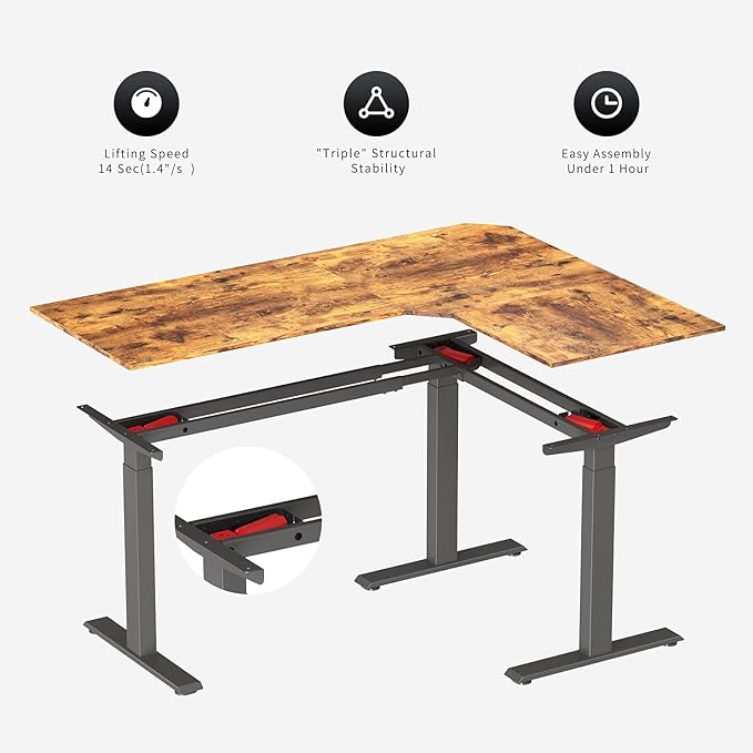 FEZIBO Triple Motor 63" L Shaped Standing Desk, Electric Standing Gaming Desk Adjustable Height, Corner Stand up Desk with Splice Board, Black Frame/Rustic Brown Top - LeafyLoom