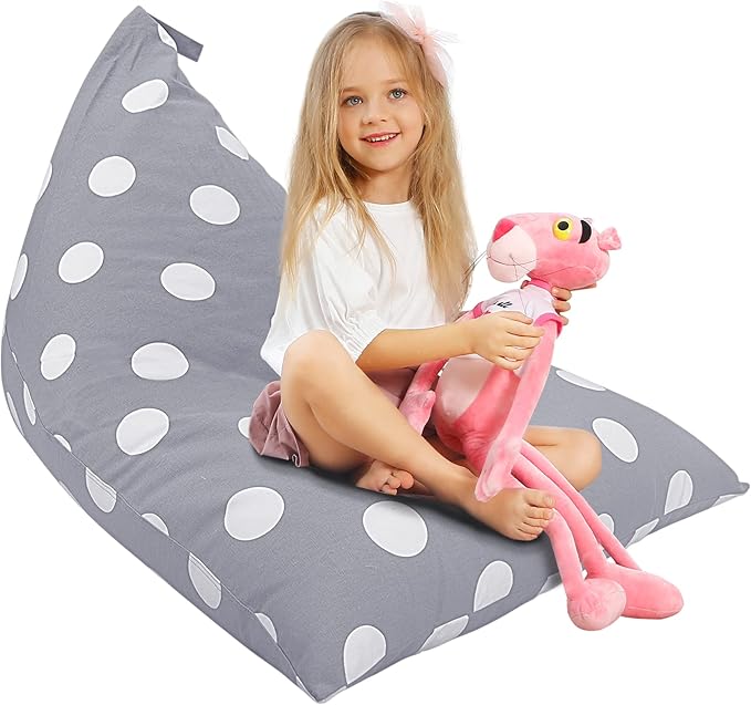 Aubliss Stuffed Animal Storage Bean Bag Chair Cover, 50"x 35" Extra Large Bean Bags for Kids & Adults, Beanbag Toy Storage for Boys Girls - Premium Cotton Canvas Grey Dot - LeafyLoom