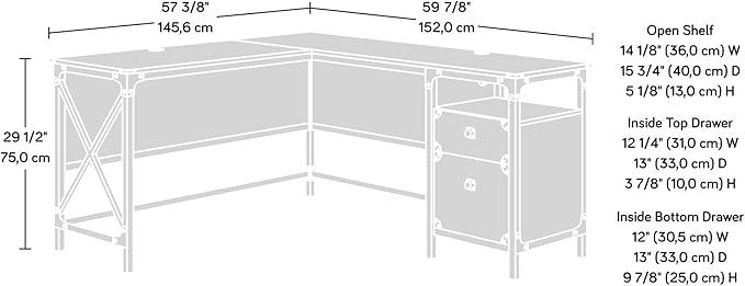 Sauder Steel River L-Shaped Desk, L: 59.84" x W: 57.32" x H: 29.53", Milled Mesquite Finish - LeafyLoom