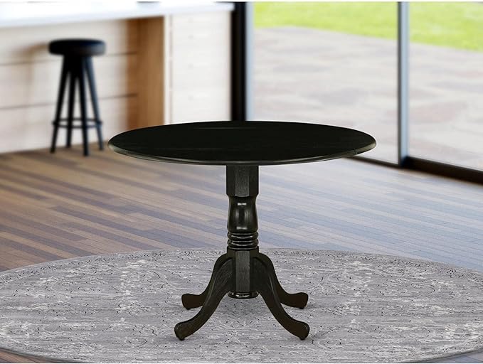 East West Furniture DLT-ABK-TP Dublin Dining Table - a Round Wooden Table Top with Dropleaf & Pedestal Base, 42x42 Inch, Wirebrushed Black - LeafyLoom